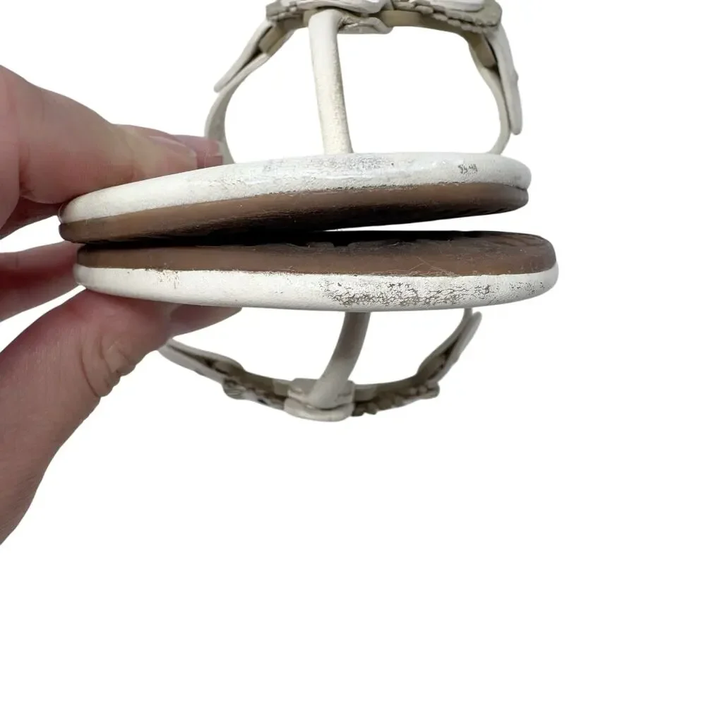 TORY BURCH Metallic Gold Cream Fringe Miller Logo Sandals Flip Flops Size 6.5